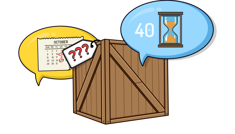 Agile estimation is a way of buying knowledge (cost, time, scope, and so on). A box is shown with question marks for its label. Two thought bubbles rise out of the box, one shows an hour glass and the other a calendar.